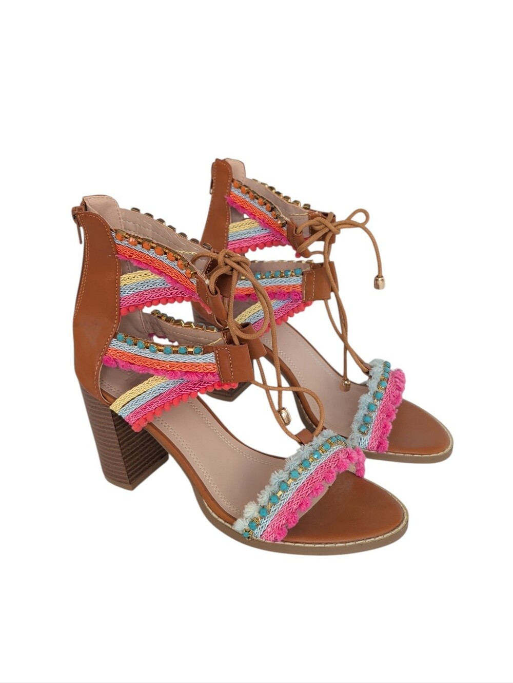 Charlotte Russe Edith-2 Lace-Up Gladiator Sandals 10 Pink Brown Multi